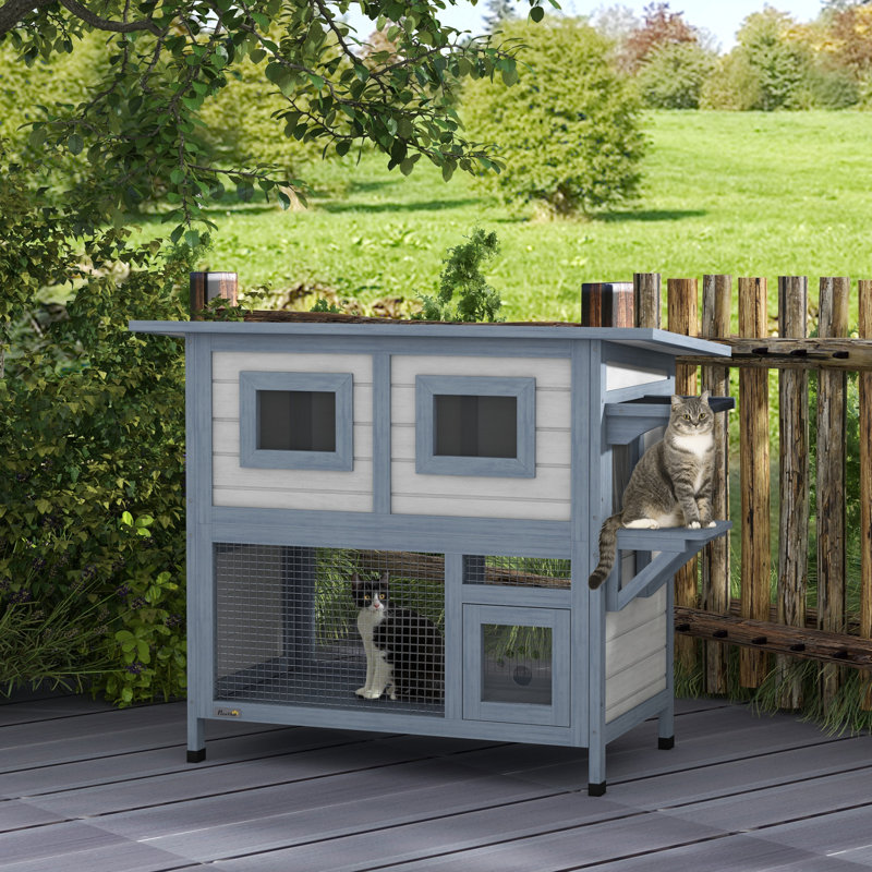 Outdoor Cat House 2 Tier Weatherproof Feral Cat Shelter With Escape Door Asphalt Roof Jump Platform Large Wooden Cat House For Outside Backyard